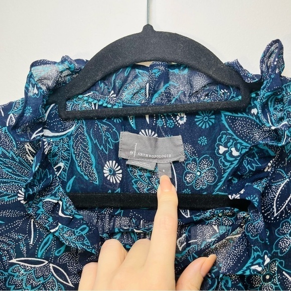 Anthropologie Sheer Floral Long Balloon Sleeve Lace Up Blue Peasant Blouse Top - Picture 6 of 11
